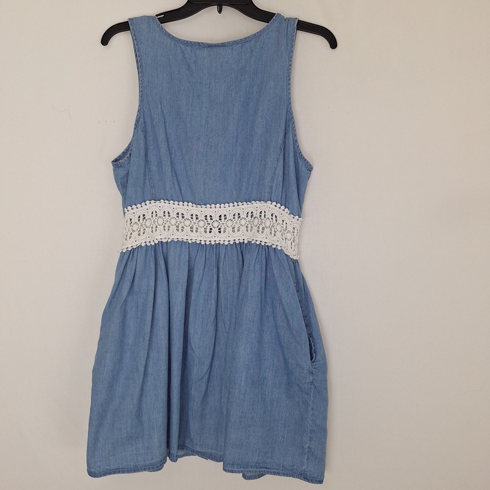 Cottagecore Dress 100% Cotton Sleeveless Prairie Denim Crochet Lace Pockets M - Picture 2 of 12